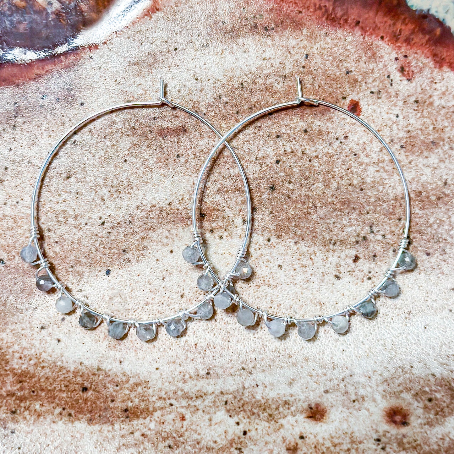 Labradorite Wire Wrapped Hoop Earrings